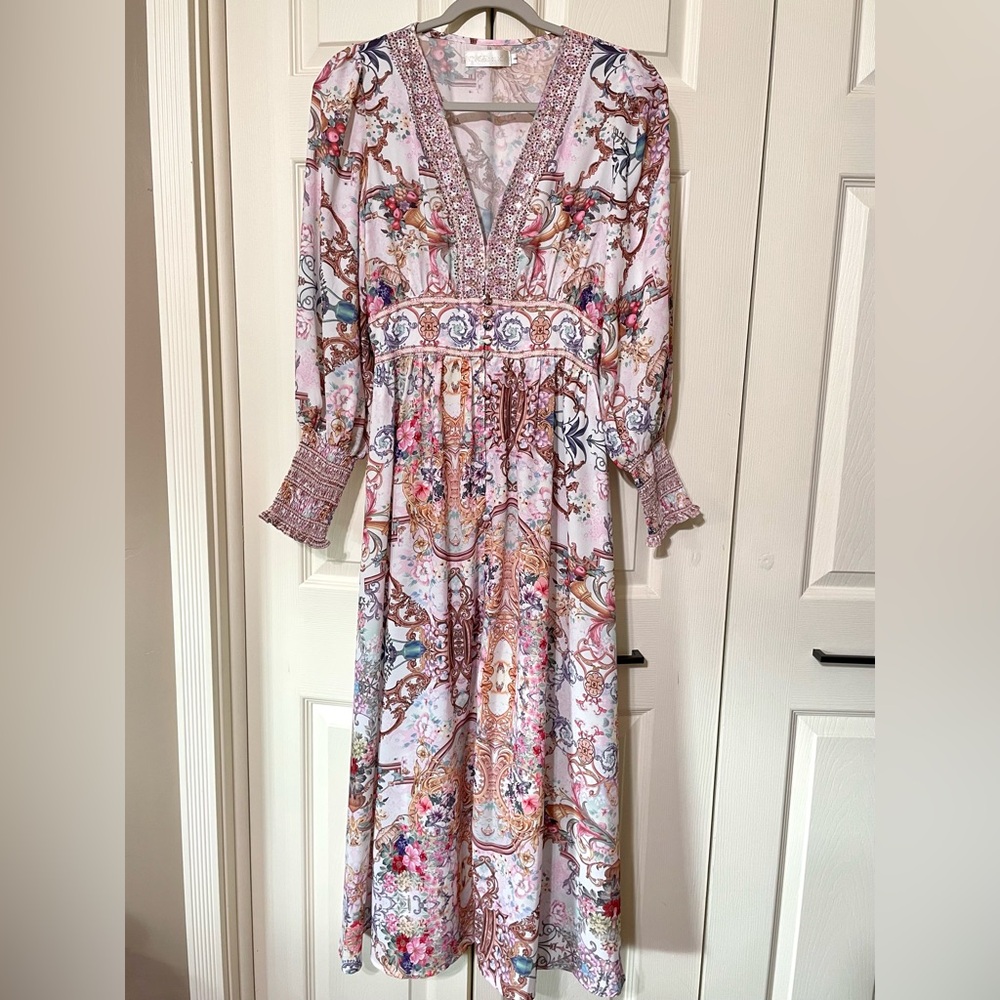 Boho Baroque Floral Maxi Dress Flowy Long Sleeve V Neck Scarf Print Cottagecore - Picture 7 of 15
